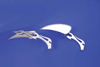 Tear Drop Mirror Set with Billet Flame Stems, Chrome - Click Image to Close