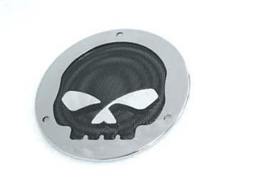 Chrome Derby Cover with Black Mesh Skull - Click Image to Close